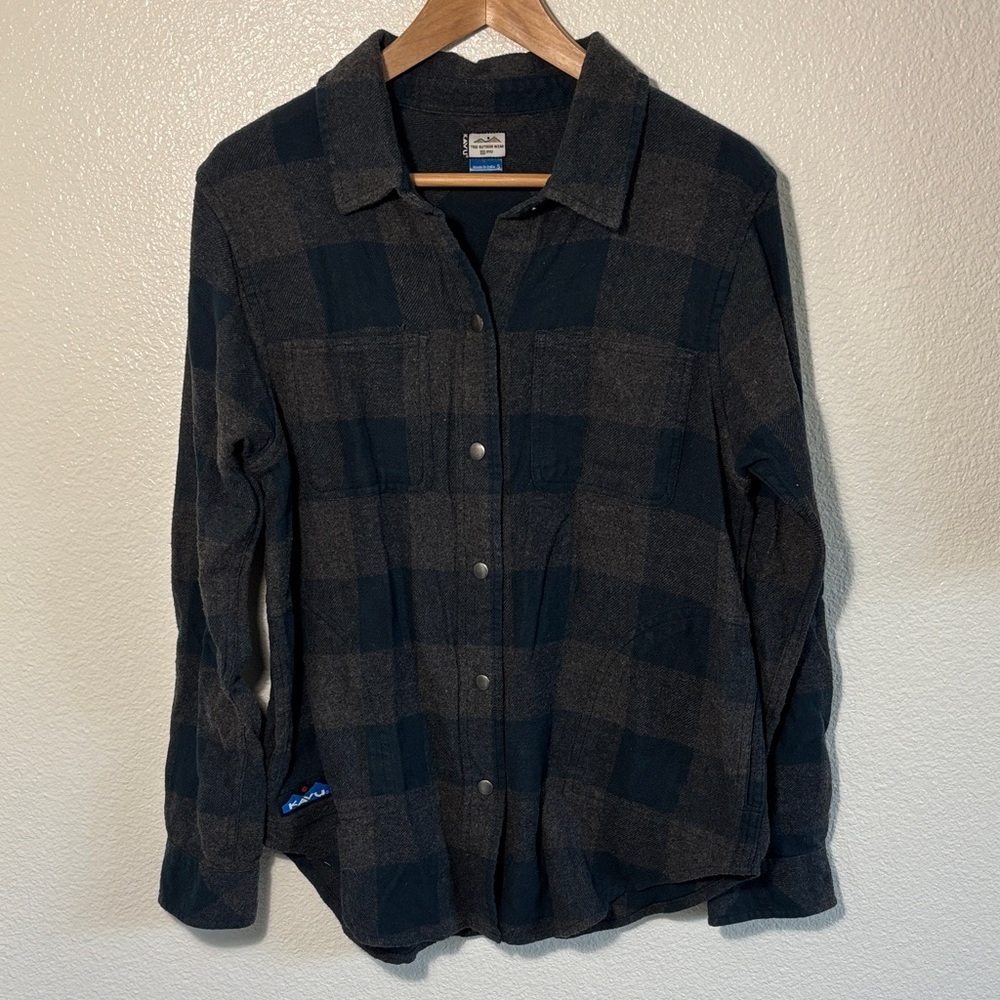 Kavu 100% Cotton Heather Brown Navy Plaid Flannel Button Down Shirt Size Small